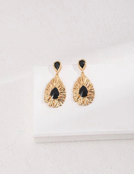 Black Zircon Sunburst Drop Earrings - Golden Melody Limited