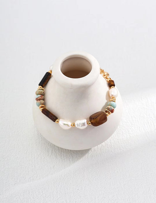 Earthy Elegance Gemstone and Pearl Bracelet - Golden Melody Limited