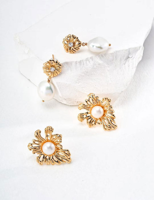 Golden Floral Pearl Stud Earrings - Golden Melody Limited