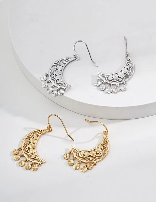 Silver/ Golden Crescent Filigree Dangle Earrings - Golden Melody Limited