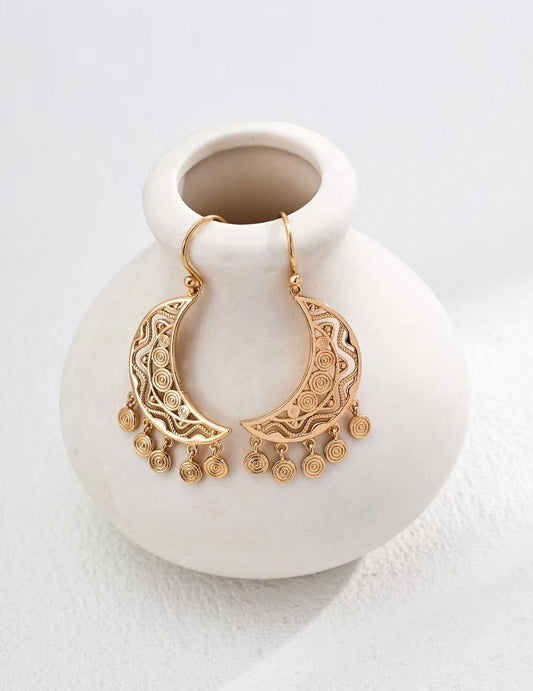 Silver/ Golden Crescent Filigree Dangle Earrings - Golden Melody Limited
