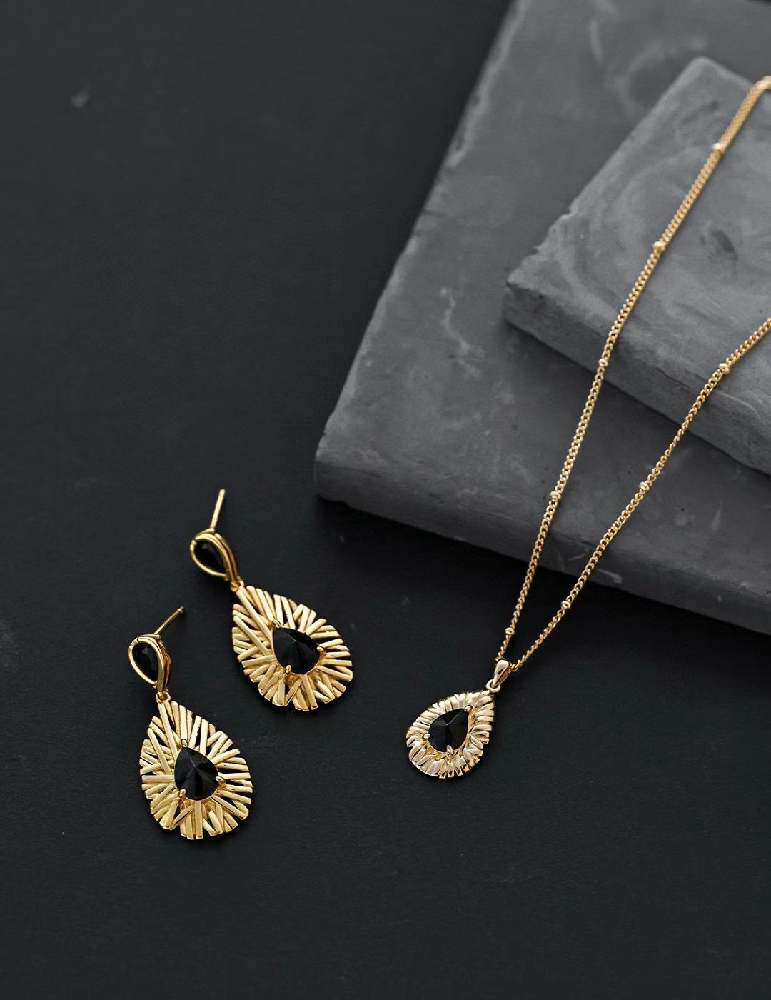 Black Zircon Sunburst Drop Earrings - Golden Melody Limited