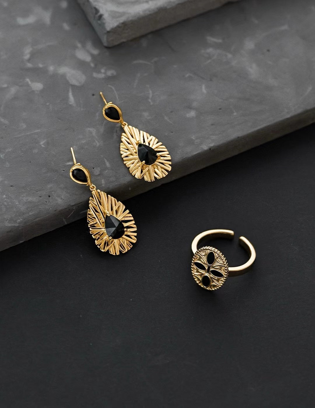Black Zircon Sunburst Drop Earrings - Golden Melody Limited