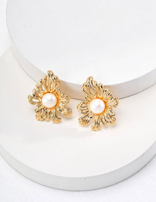 Golden Floral Pearl Stud Earrings - Golden Melody Limited