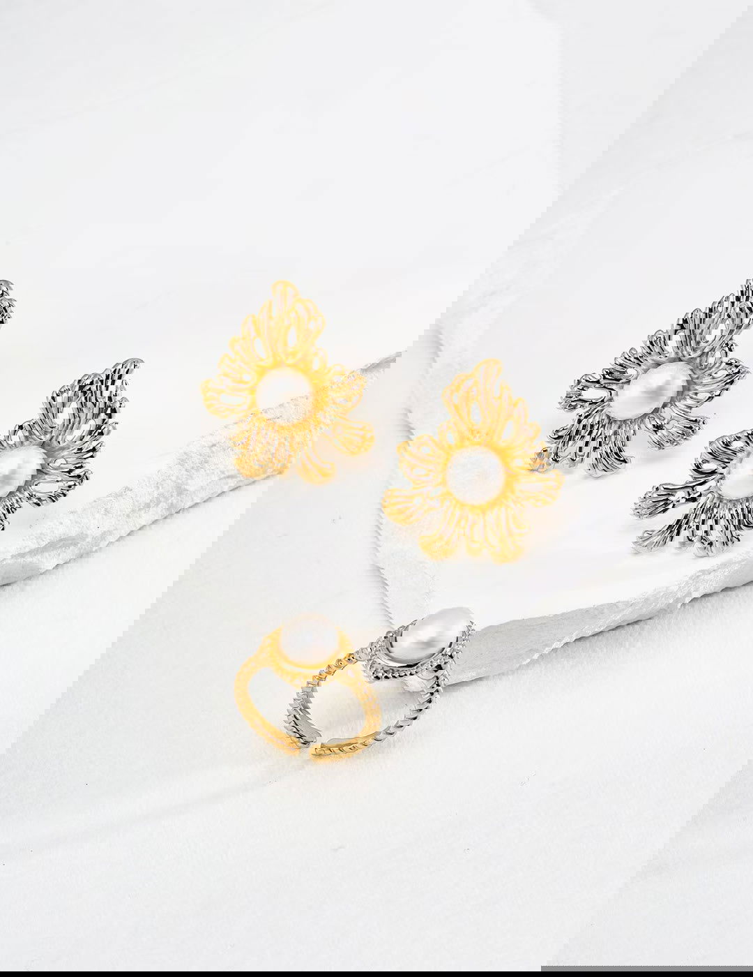 Golden Floral Pearl Stud Earrings - Golden Melody Limited