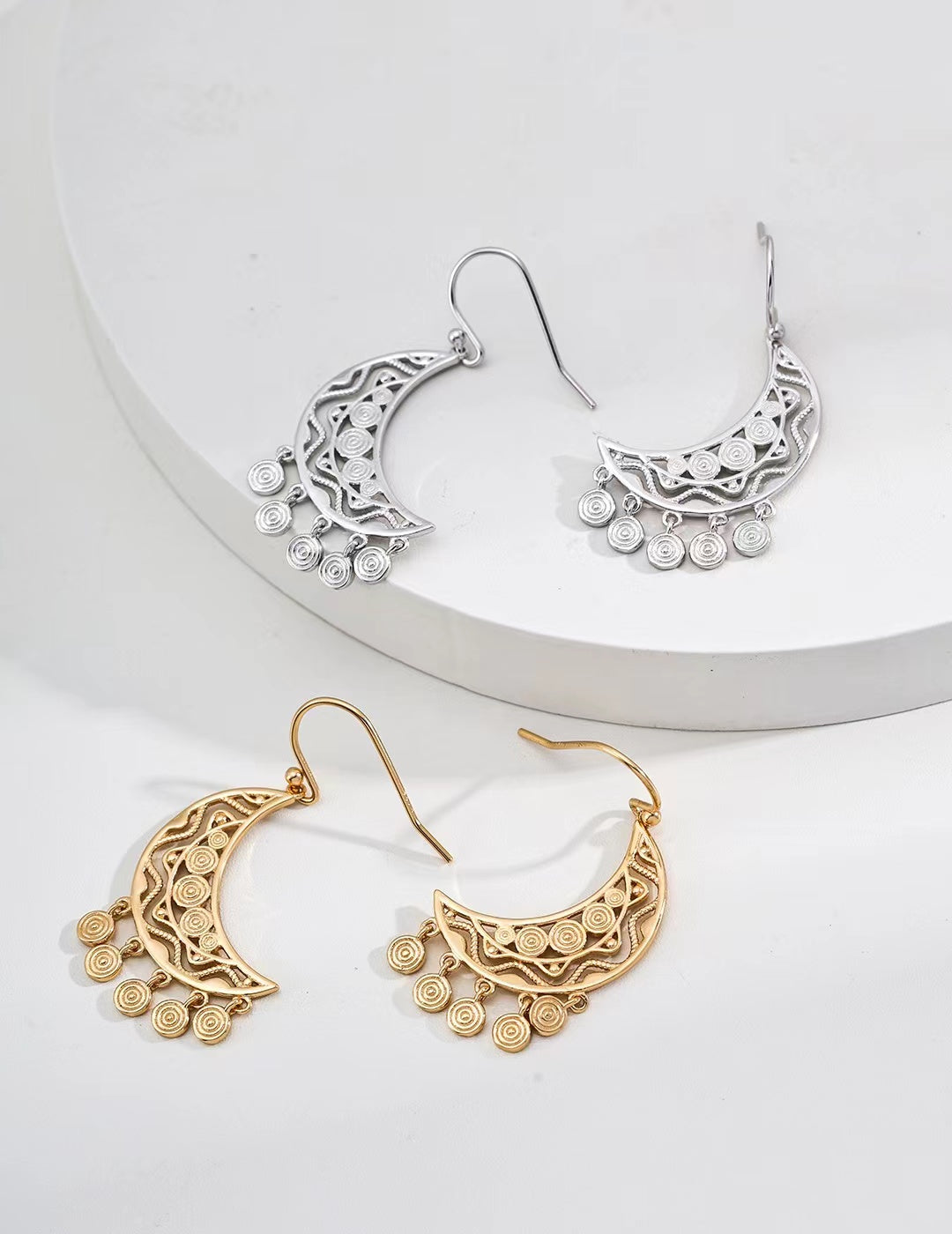 Silver/ Golden Crescent Filigree Dangle Earrings - Golden Melody Limited