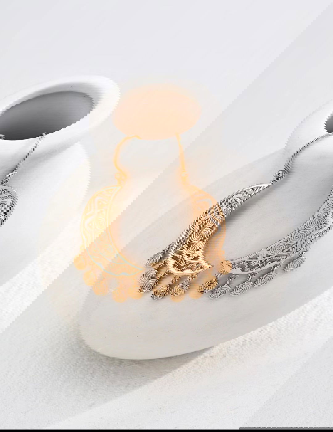 Silver/ Golden Crescent Filigree Dangle Earrings - Golden Melody Limited