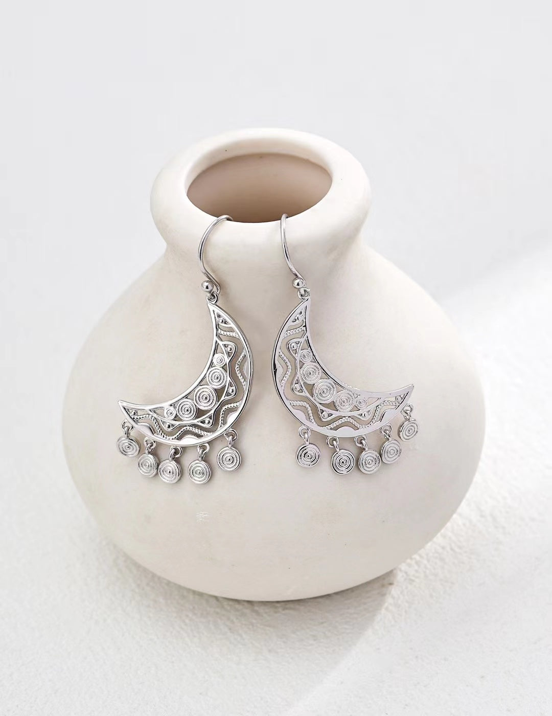 Silver/ Golden Crescent Filigree Dangle Earrings - Golden Melody Limited
