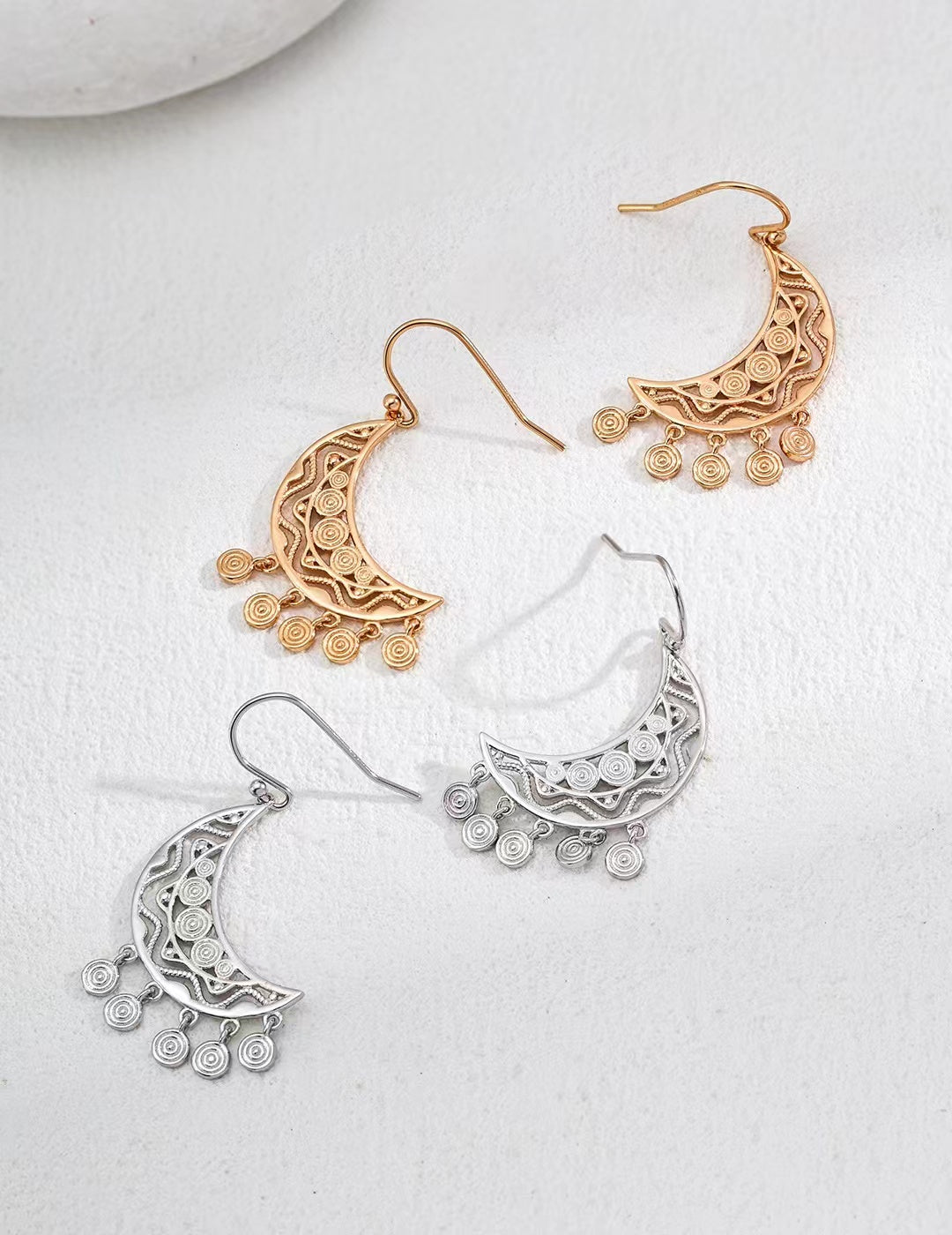 Silver/ Golden Crescent Filigree Dangle Earrings - Golden Melody Limited